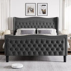 Lit plateforme rembourré en velours gris grand format, 2 personnes