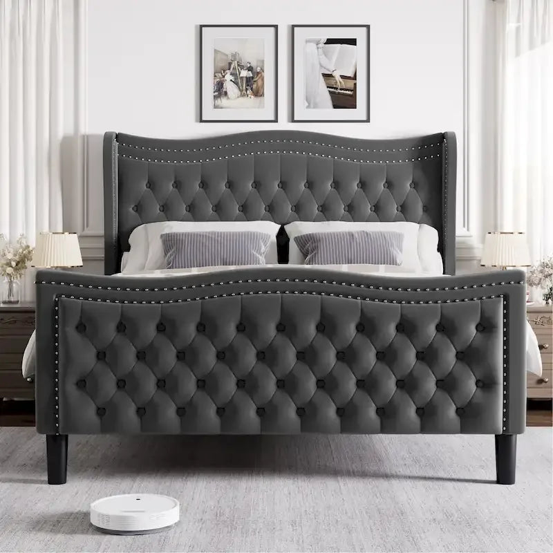 Lit plateforme rembourré en velours gris grand format, 2 personnes