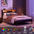 Lit plate-forme double noir en métal avec LED RGB et tête de lit de chargement, 1 personne