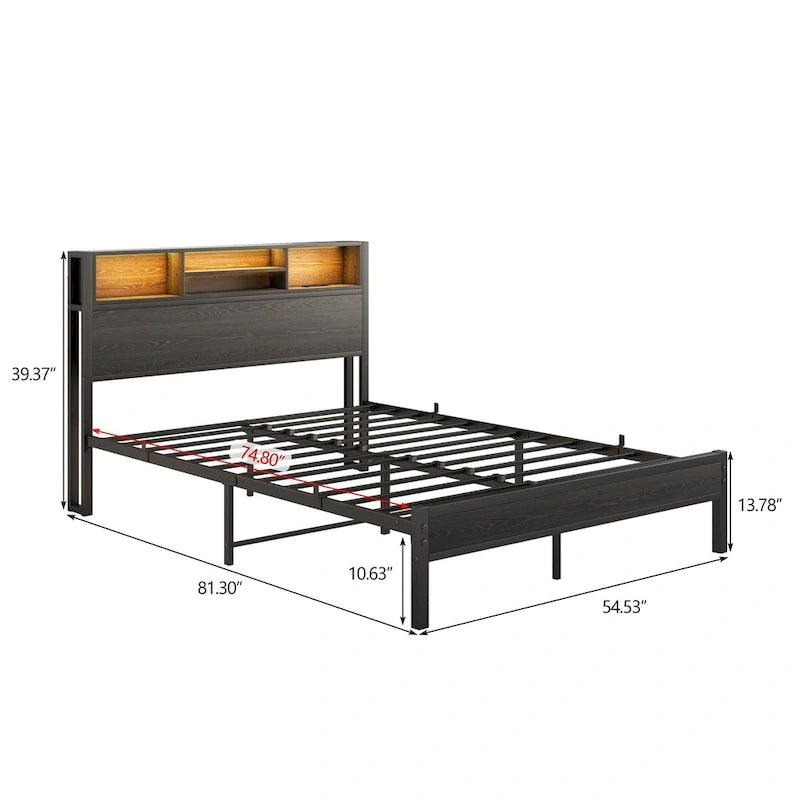 Lit plate-forme double noir en métal avec LED RGB et tête de lit de chargement, 1 personne