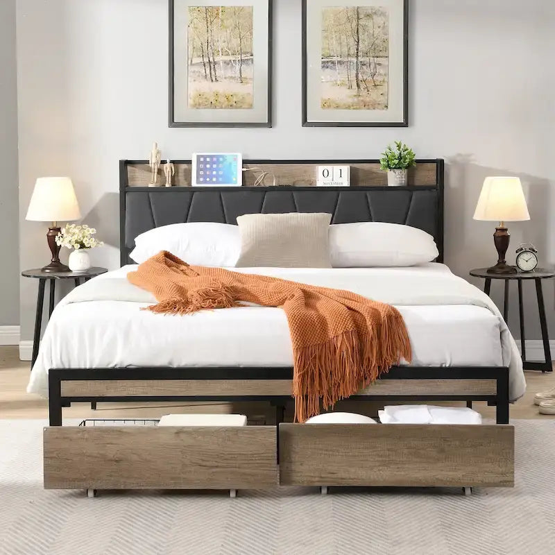 Lit plateforme en métal noir et gris avec tête de lit en bois – Grand lit/Très grand lit, 1-2 personnes