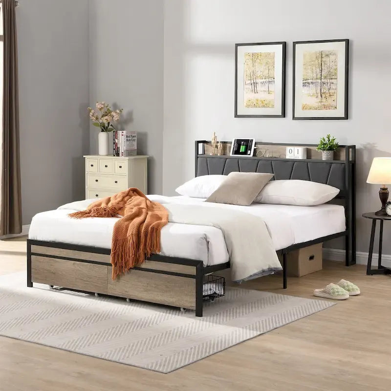 Lit plateforme en métal noir et gris avec tête de lit en bois – Grand lit/Très grand lit, 1-2 personnes