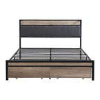 Lit plateforme en métal noir et gris avec tête de lit en bois – Grand lit/Très grand lit, 1-2 personnes