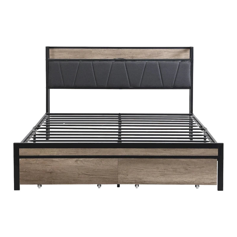 Lit plateforme en métal noir et gris avec tête de lit en bois – Grand lit/Très grand lit, 1-2 personnes