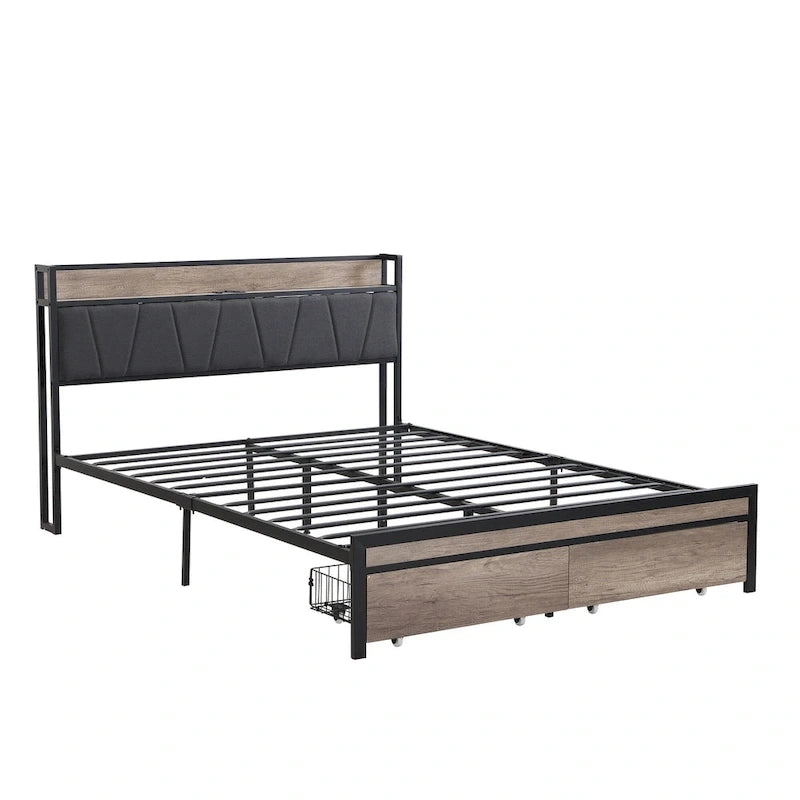 Lit plateforme en métal noir et gris avec tête de lit en bois – Grand lit/Très grand lit, 1-2 personnes
