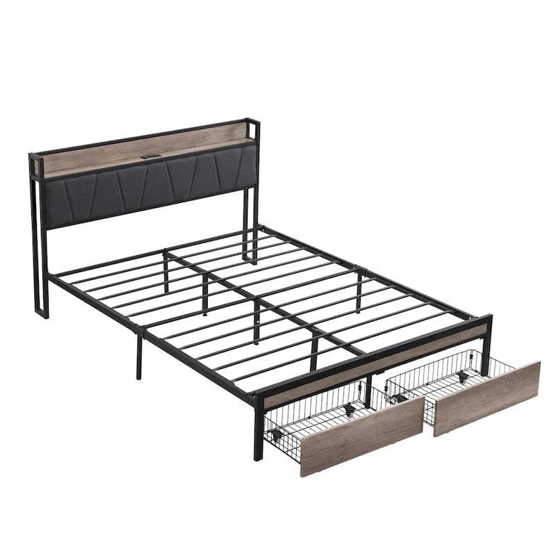 Lit plateforme en métal noir et gris avec tête de lit en bois – Grand lit/Très grand lit, 1-2 personnes