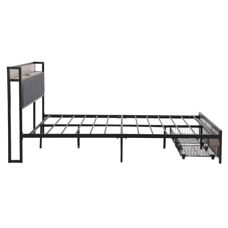 Lit plateforme en métal noir et gris avec tête de lit en bois – Grand lit/Très grand lit, 1-2 personnes