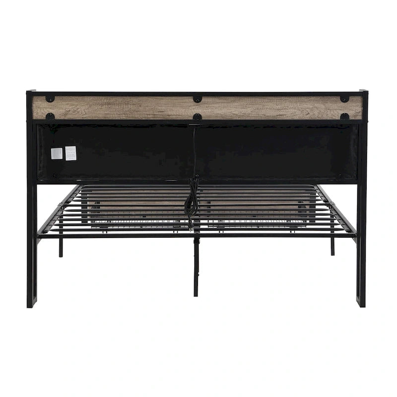 Lit plateforme en métal noir et gris avec tête de lit en bois – Grand lit/Très grand lit, 1-2 personnes