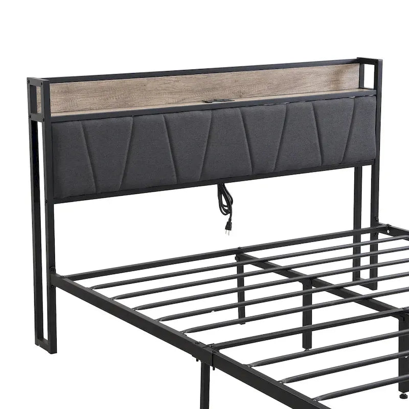 Lit plateforme en métal noir et gris avec tête de lit en bois – Grand lit/Très grand lit, 1-2 personnes