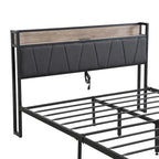 Lit plateforme en métal noir et gris avec tête de lit en bois – Grand lit/Très grand lit, 1-2 personnes