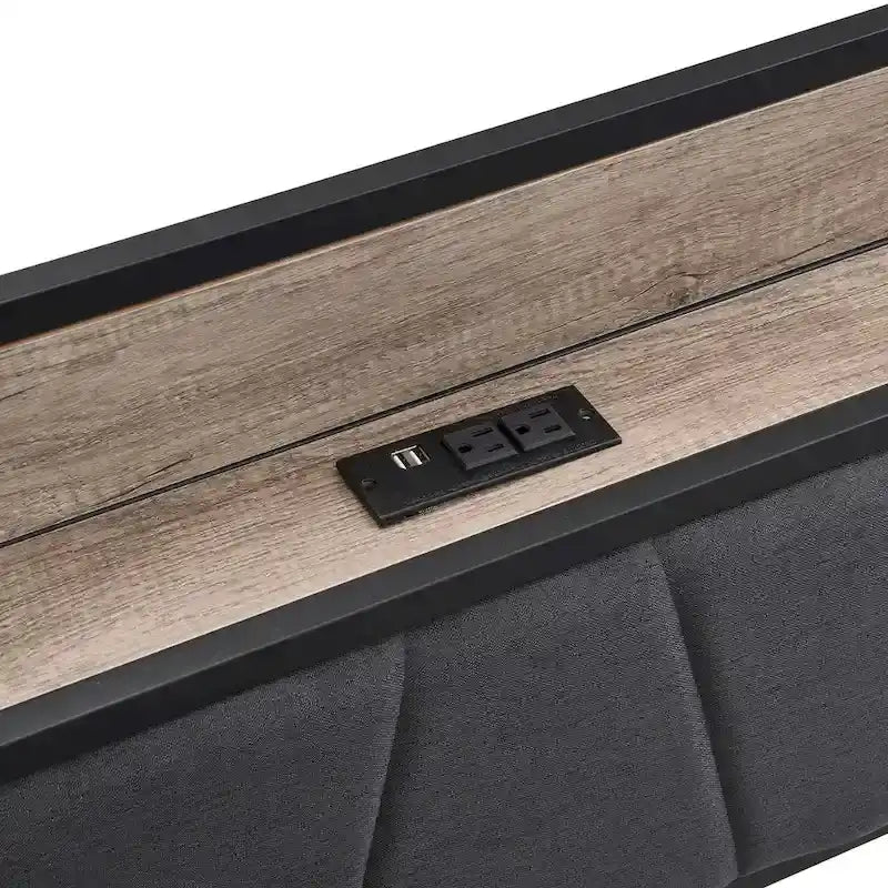 Lit plateforme en métal noir et gris avec tête de lit en bois – Grand lit/Très grand lit, 1-2 personnes