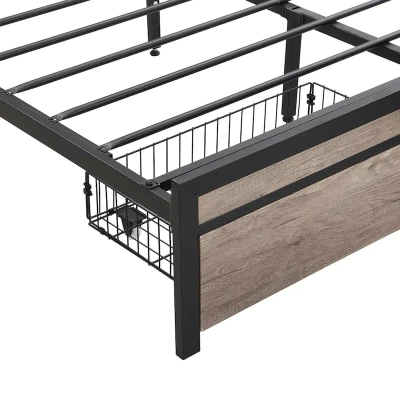 Lit plateforme en métal noir et gris avec tête de lit en bois – Grand lit/Très grand lit, 1-2 personnes