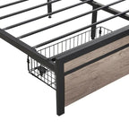 Lit plateforme en métal noir et gris avec tête de lit en bois – Grand lit/Très grand lit, 1-2 personnes
