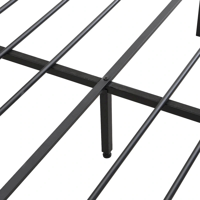 Lit plateforme en métal noir et gris avec tête de lit en bois – Grand lit/Très grand lit, 1-2 personnes