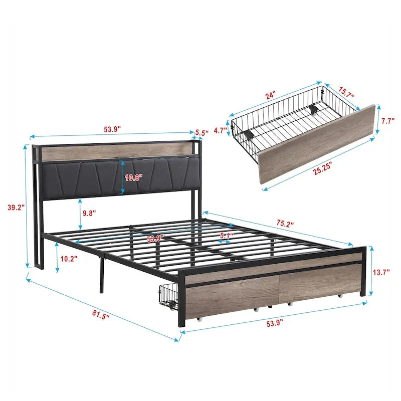 Lit plateforme en métal noir et gris avec tête de lit en bois – Grand lit/Très grand lit, 1-2 personnes
