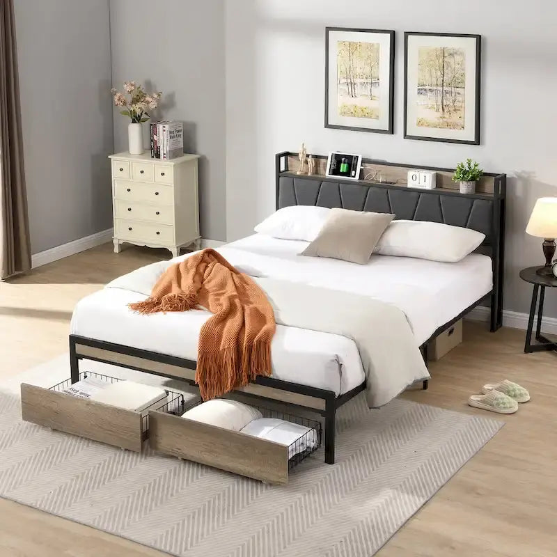 Lit plateforme en métal noir et gris avec tête de lit en bois – Grand lit/Très grand lit, 1-2 personnes