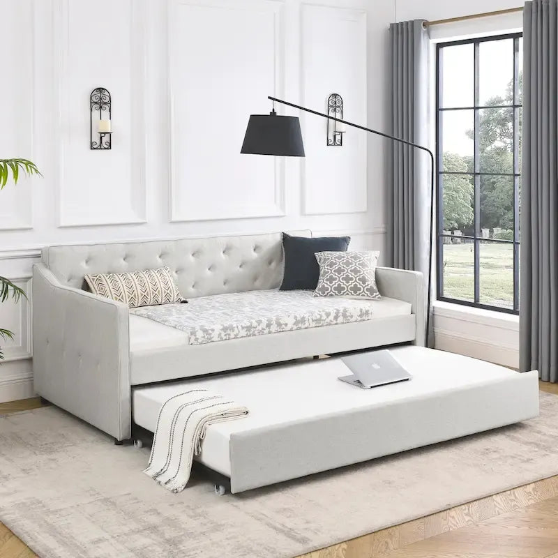 Lit de repos double capitonné en lin beige/vert/gris avec lit gigogne, 2 places