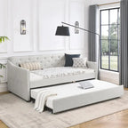 Lit de repos double capitonné en lin beige/vert/gris avec lit gigogne, 2 places