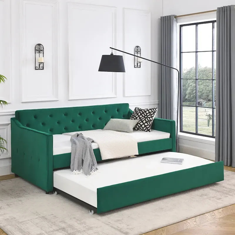 Lit de repos double capitonné en lin beige/vert/gris avec lit gigogne, 2 places