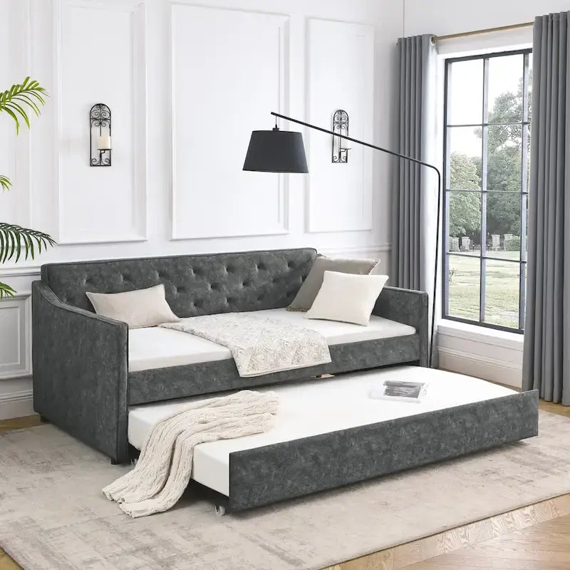 Lit de repos double capitonné en lin beige/vert/gris avec lit gigogne, 2 places