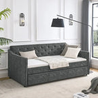 Lit de repos double capitonné en lin beige/vert/gris avec lit gigogne, 2 places