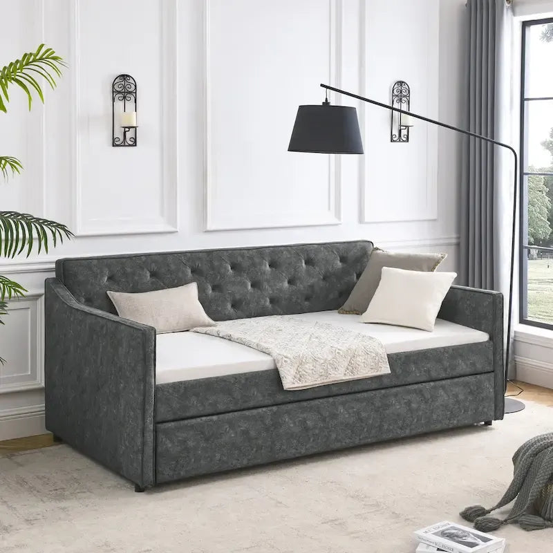 Lit de repos double capitonné en lin beige/vert/gris avec lit gigogne, 2 places