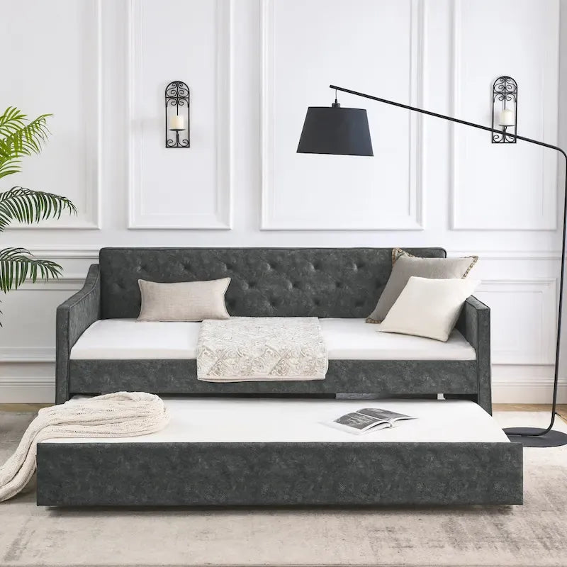 Lit de repos double capitonné en lin beige/vert/gris avec lit gigogne, 2 places