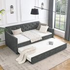 Lit de repos double capitonné en lin beige/vert/gris avec lit gigogne, 2 places