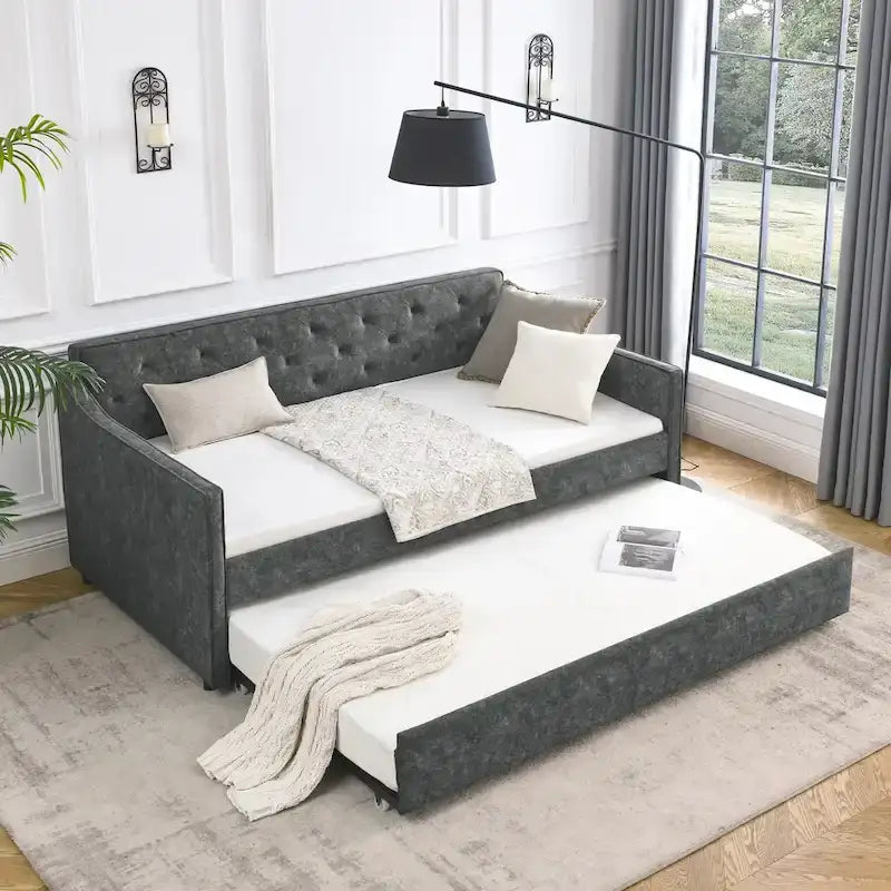 Lit de repos double capitonné en lin beige/vert/gris avec lit gigogne, 2 places