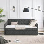 Lit de repos double capitonné en lin beige/vert/gris avec lit gigogne, 2 places
