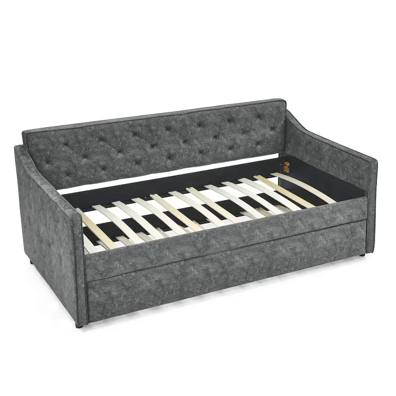 Lit de repos double capitonné en lin beige/vert/gris avec lit gigogne, 2 places