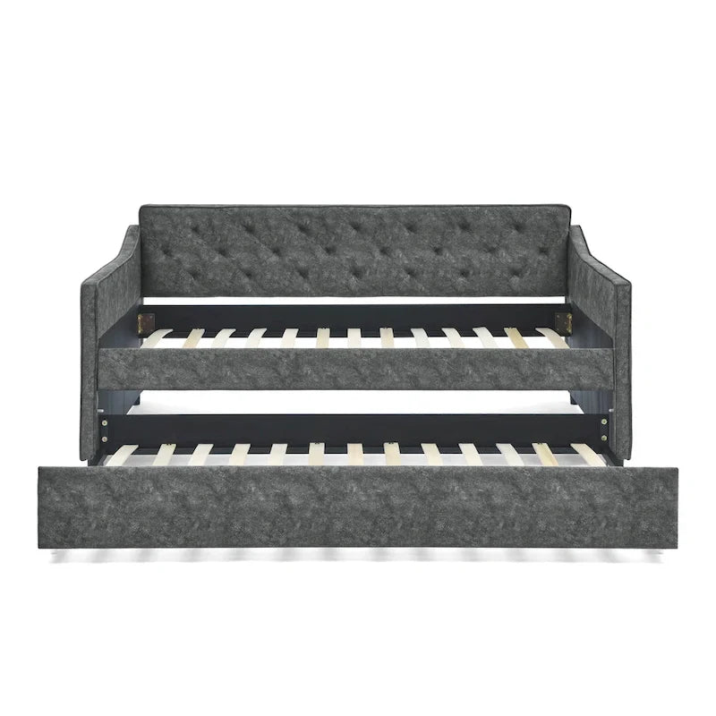 Lit de repos double capitonné en lin beige/vert/gris avec lit gigogne, 2 places