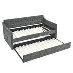 Lit de repos double capitonné en lin beige/vert/gris avec lit gigogne, 2 places
