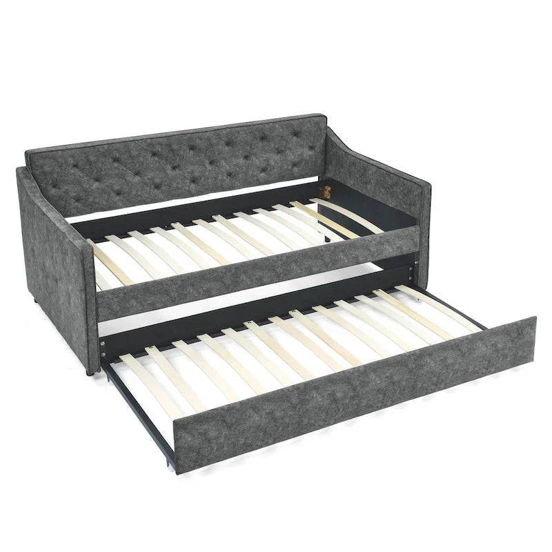 Lit de repos double capitonné en lin beige/vert/gris avec lit gigogne, 2 places