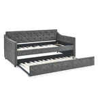 Lit de repos double capitonné en lin beige/vert/gris avec lit gigogne, 2 places