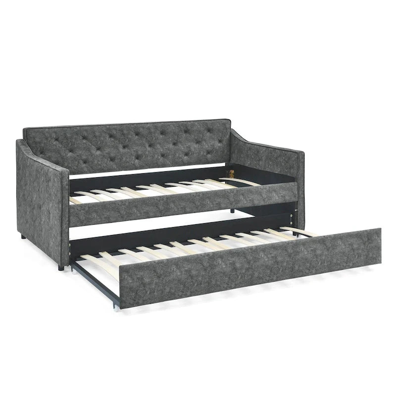 Lit de repos double capitonné en lin beige/vert/gris avec lit gigogne, 2 places