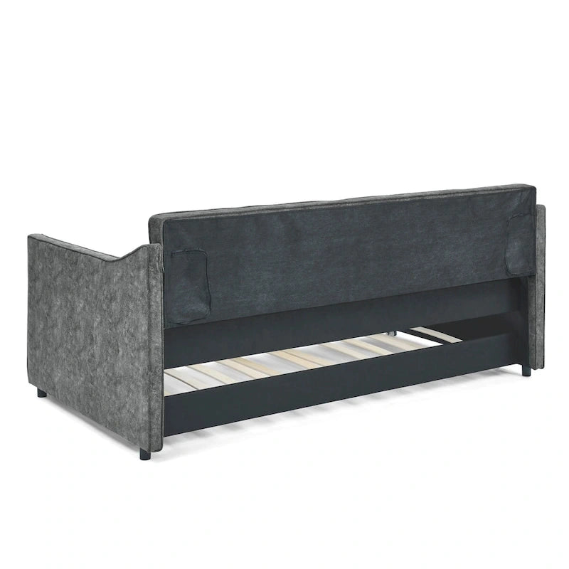 Lit de repos double capitonné en lin beige/vert/gris avec lit gigogne, 2 places
