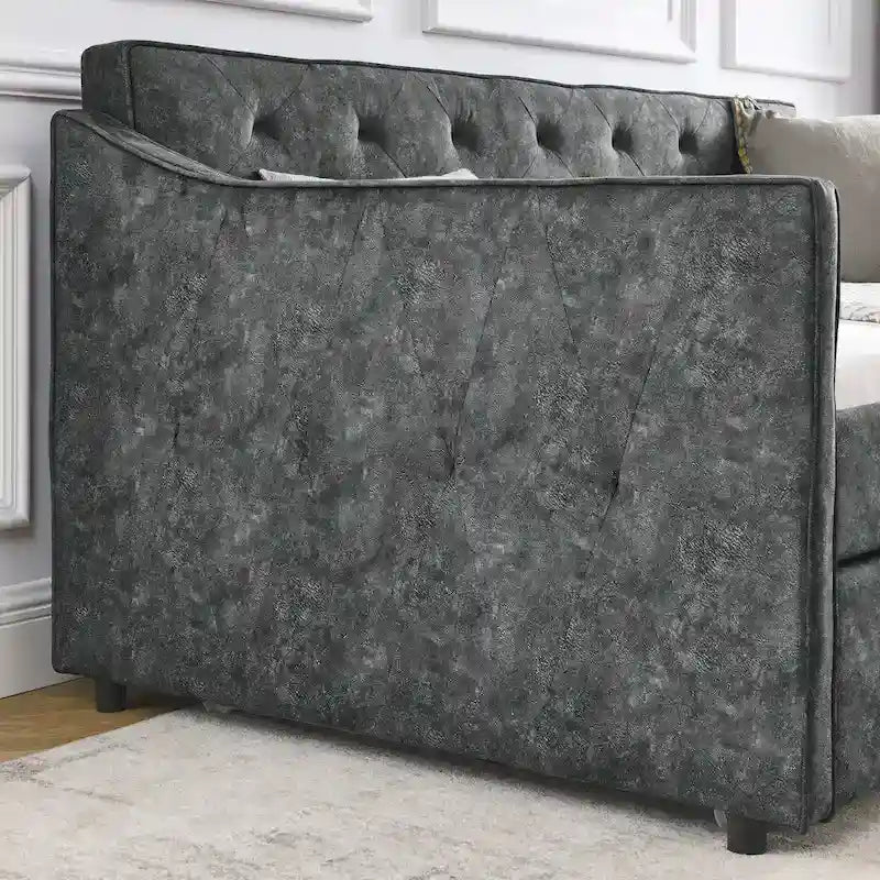 Lit de repos double capitonné en lin beige/vert/gris avec lit gigogne, 2 places
