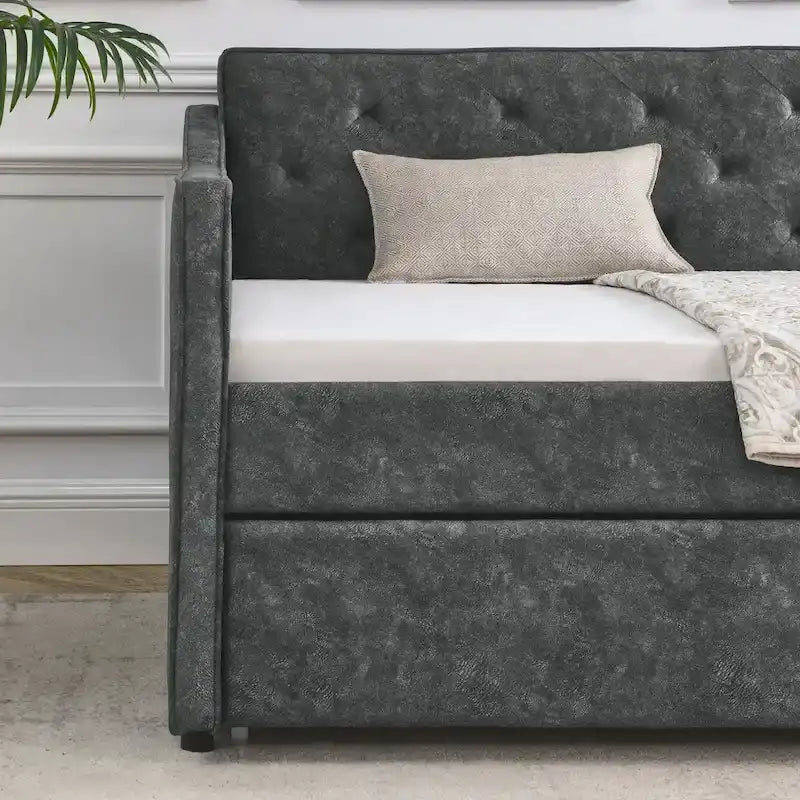 Lit de repos double capitonné en lin beige/vert/gris avec lit gigogne, 2 places