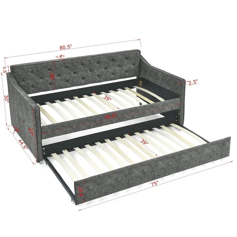 Lit de repos double capitonné en lin beige/vert/gris avec lit gigogne, 2 places