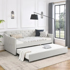 Lit de repos double capitonné en lin beige/vert/gris avec lit gigogne, 2 places