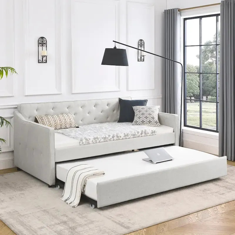 Lit de repos double capitonné en lin beige/vert/gris avec lit gigogne, 2 places