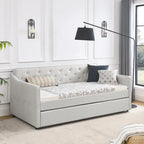 Lit de repos double capitonné en lin beige/vert/gris avec lit gigogne, 2 places