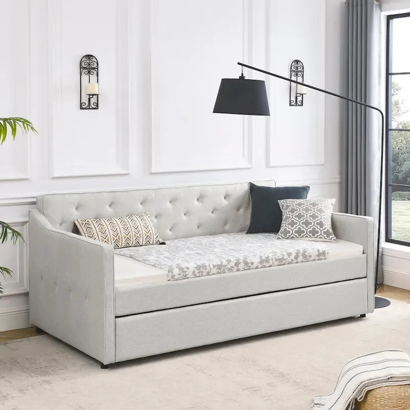 Lit de repos double capitonné en lin beige/vert/gris avec lit gigogne, 2 places