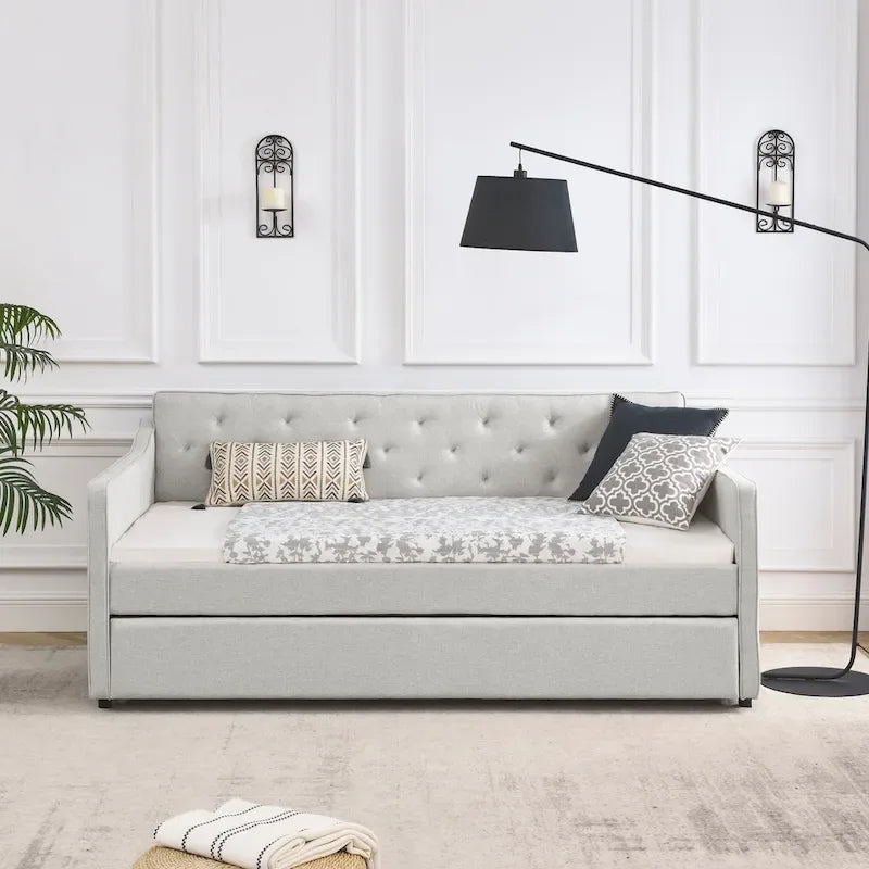 Lit de repos double capitonné en lin beige/vert/gris avec lit gigogne, 2 places