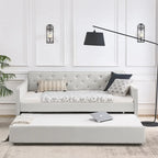 Lit de repos double capitonné en lin beige/vert/gris avec lit gigogne, 2 places