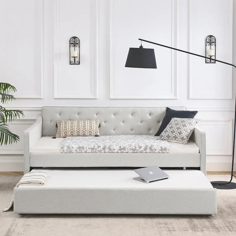 Lit de repos double capitonné en lin beige/vert/gris avec lit gigogne, 2 places