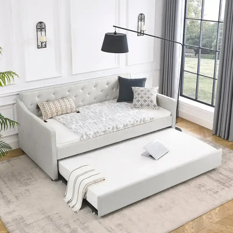 Lit de repos double capitonné en lin beige/vert/gris avec lit gigogne, 2 places