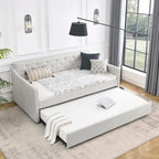 Lit de repos double capitonné en lin beige/vert/gris avec lit gigogne, 2 places