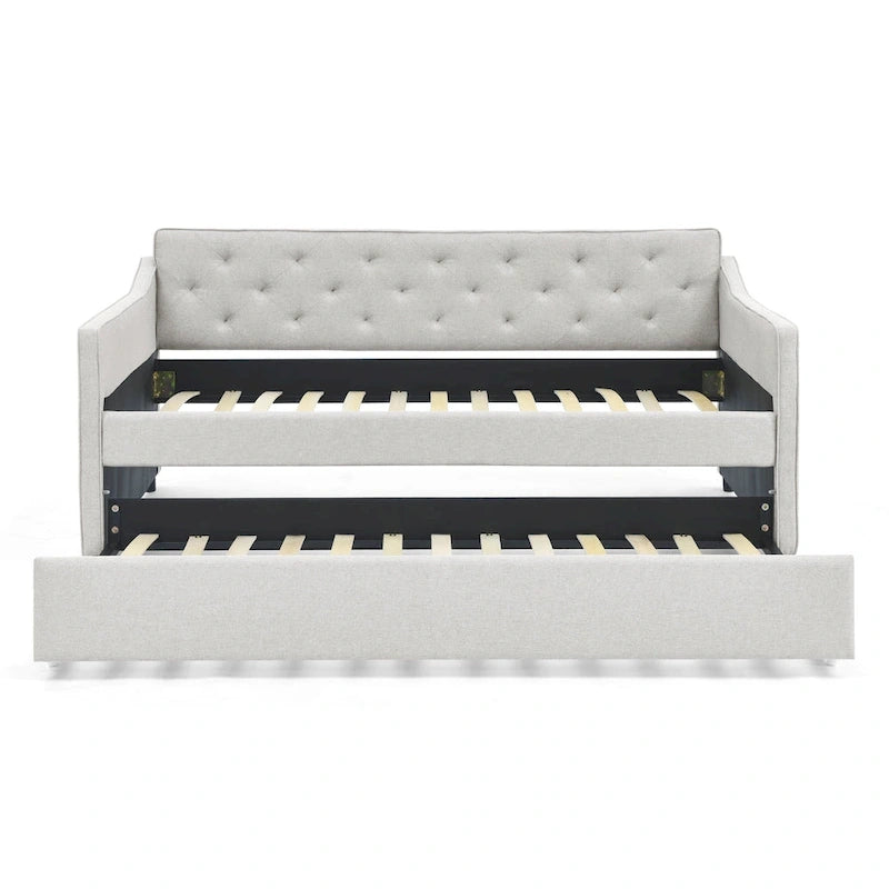 Lit de repos double capitonné en lin beige/vert/gris avec lit gigogne, 2 places